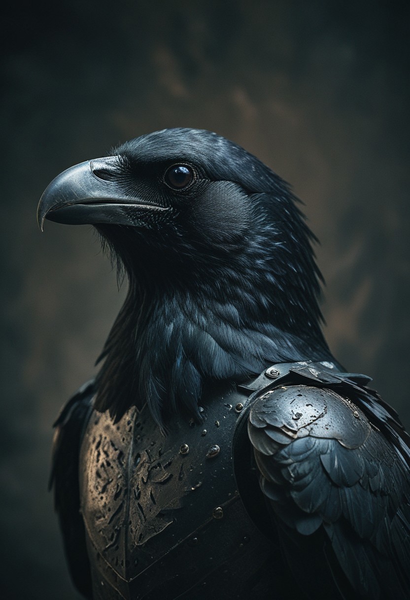 close up shot of a wild black crow in iron armour, large black wings, studio background, high-contrast palette, subtle grain, cinematic quality, modern art photograph, looking at viewer