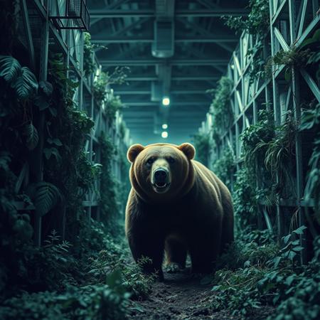 A grizzly bear is lost in endless SCP IKEA that's been invaded by nature and overgrown., liminal space, eerie, dramatic, high contrast, highly detailed, cinematic color grading.