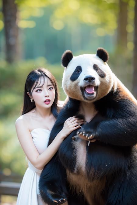 best quality, masterpiece, 1girl, (1panda, animal),  ,ultra realistic,32k,extremely detailed CG unity 8k wallpaper, (dress), <lora:animal:1>, <lyco:hongjinyoung_8e6:1>,