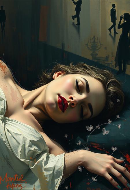 A dreamlike depiction of a sleeping goddess, cinematic realism, romantic noir, expressive abstraction, gestural brushwork, moody atmosphere, dynamic mark-making, dramatic lighting, suited figures, melancholic tone, emotional contrast, 20th-century glamour, textural abstraction, lonely elegance, bold composition, abstract background, fragmented environments, painterly tension, noir sensuality, psychological depth, visual drama