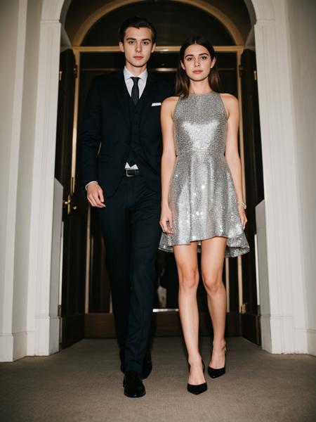 25 year old european man wearing a woman designer party dress, heels, solo, walking, dim light, looking at camera