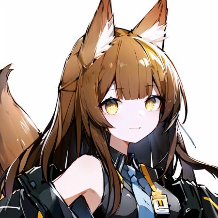 (high quality, high resolution:1.3), 4k, masterpiece, 
BREAK
1girl,  <lora:Franka:0.85>, Franka, 1girl, animal ears, upper body, fox ears, brown hair, tail, yellow eyes, necktie, shirt, sleeveless shirt, grey necktie, off shoulder, jacket, smile, standing, id card, simple background, white background, <lora:quan_style:1> , quan style, avatar, <lora:NoiseOffset_v2:1.0><lora:NoiseOffset_v2:1.0>