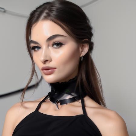 Close up of a ((stunning)) woman,black choker, 4K, high quality, masterpiece,ethereal,(looking straight at the camera:1.4),<lora:grelizabeth1-12:0.8>