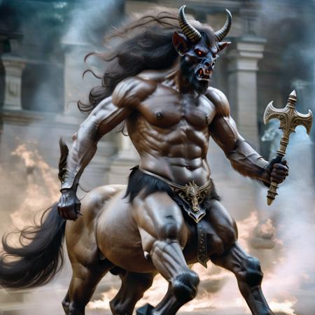 a demonic Centaur with a sword, fantasy style, dark, surreal, horror, epic