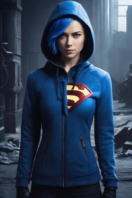 samburskaya, solo, blue hair, dark brown eyes, 
middle shot, closeup, detailed background, hyper realistic,
(Panorama:0.8), [small breast]
presenting a heartfelt image of Supergirl's connection to the community she tirelessly protects,and the shadow of the Iron Throne cast over her symbolize her struggle and resilience amid adversity,As Female Oskar Schindler, gothic, Behance, Hoodie, short hair,  (salaryman:0.8), 
detailed background, unnatural, (cyberpunk:0.8),<lora:samburskaya_sdxl_01:0.9>