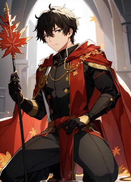 best quality, masterpiece, highres, male focus, 1boy, solo, bara, black hair, danheng, green eyes, detailed face, highly detailed, beautiful, beautiful lighting, blush, bulge, god rays, light rays,  party,  depth of field, formal, royal, mage, staff, bowing, swearing fealty, begging, praying, kneeling on one leg, sweating, sweat, cathedral, light armor, red fur cape, head facing up, mouth slightly open,  light particles, magic, magical particles, grimace, veins, (Eachcolorblockisclearlydistinguished:1.1),  maple leaves, maple leaf, maple tree, leaves, red leaves <lora:danheng:0.6>