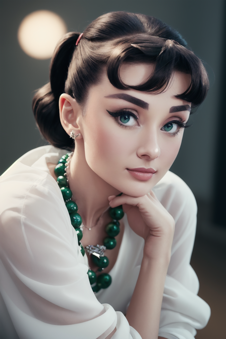 ((AudreyHepburn)), mj3d style,3dmm,3d,(full body shot:1.3), bokeh:1.2, indoors, on a soft bed, high-heels, looking at viewer,((tugging on over-sized white shirt with shoulders showing, necklace)), (22 years old woman), medium breast, small waist, (green eyes, beautiful eyes), beautiful face, perfect illumination, beautiful detailed eyes, looking at viewer, stunningly beautiful woman, detailed hairstyle,  good hands,  detailed hands, good feet, (8k, RAW photo, best quality, masterpiece:1.2), (realistic, photo-realistic:1.37), ultra high res, photon mapping, radiosity, physically-based rendering, (ambient light:1.3), (cinematic composition:1.0),professional soft lighting, light on face