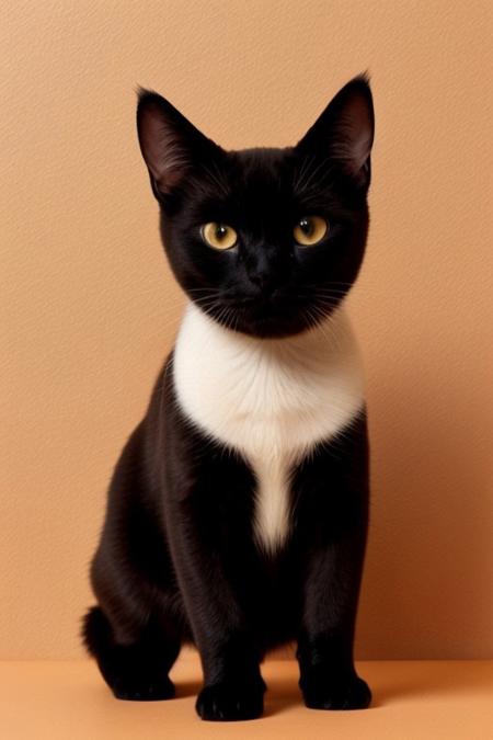 A close-up minimalist illustration of a black cat with striking yellow-orange eyes peeking from behind an orange wall. The artwork features smooth, clean lines and a subtle texture, emphasizing the cat's playful expression. The creamy beige background complements the orange accent, creating a harmonious and modern aesthetic.
