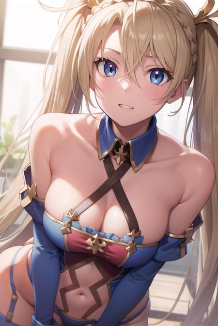 bradamante, blonde hair, blue eyes, braid, french braid, long hair, twintails, two side up, covered navel, elbow gloves, gloves, leotard, thigh strap,