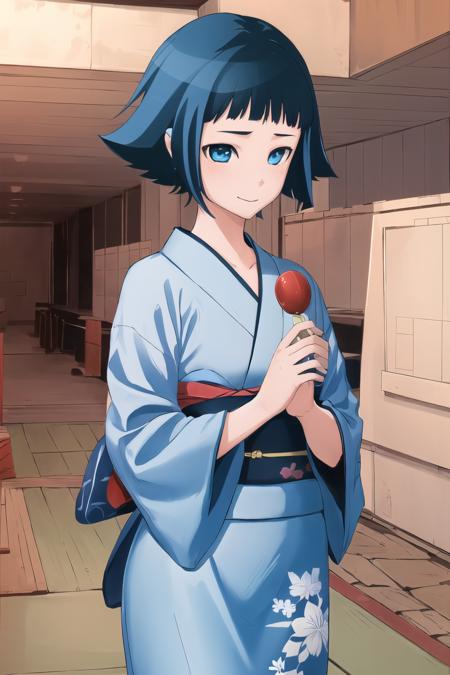 masterpiece, best quality, ultra-detailed, 1girl, Sawai Riko, short hair, blue hair, blue eyes, Yukata, japanese acrhitecture