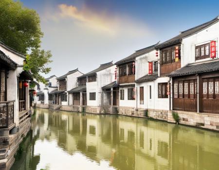 jiangnan,a river runs through a row of houses along a city street with a bridge in the foreground and a row of buildings on the other side, sky, scenery, cloud, reflection, outdoors, water, blue sky, day, window, <lora:jiangnan:1>