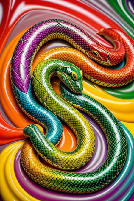(huge thick streams of shiny vibrant primary coloured paint are floating down transforming into snekv1 snakes on the ground), (ultra-detailed, masterpiece, best quality, high resolution:1),  <lora:snekv1:0.2>