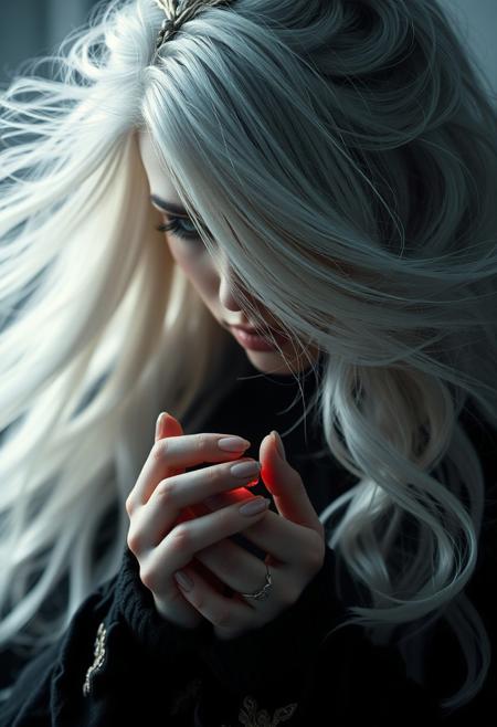 Shadowed-queen, dark-mystic woman with flowing white-gray hair, fantasy-adventure, cradling a small radiant ruby, vivid realism with intricate details, pastel shades, dramatic lighting, ultra-realistic, photogenic, wide-angle shot, sharp focus on subject, motion-blurred backdrop, subtle sparkle in asymmetrical hairstyle