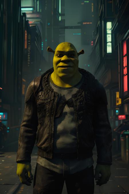 (cyberpunk style), (photo portrait of (shrex, Shrek:1.1)), 1man, full body shot, cyberpunk clothing, male focus, cyberpunk, cyberpunk background, (extremely detailed cyberpunk background), extremely detailed background, extremely detailed shrex face, cyberpunk body modification, cyberpunk 2077 body modification, (neon city background), cyberpunk suit, robot, science fiction, solo, full body, wires and cables, sharp focus, natural lighting, cyberpunk reimagined, neon lights, action pose, colorful, bright colors, science fiction, a dystopian cyberpunk city, neon, cyberpunk 2077, (cyberpunk 2077 cityscape), art by Masamune Shirow,masterpiece, best quality, official art, extremely detailed CG unity 8k wallpaper, detailed background, best quality, expressive eyes, perfect face, perfect eyes, perfect anatomy, extremely detailed eyes and face, looking at viewer, detailed background, detailed clothes, cinematic lighting, beautiful 8k, masterpiece, best quality, high quality, hdr, photography by cosmicwonder, high definition, symmetrical face, volumetric lighting, 24mm, 4k, DSLR, high quality, ultra realistic,