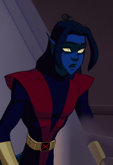 masterpiece, best quality, highly detailed, high resolution, absurdres, amazing quality, intricate detail, Nightcrawler, Blue Fur, Dark Blue Hair, Pointy Ears, Yellow Eyes, Blue Skin, Tail, Demon Tail, Three Fingers