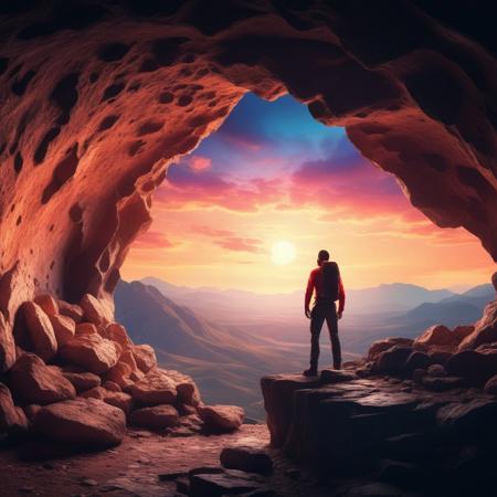 photograph Dramatic View of Adventurous Man standing inside a rocky and rugged cave looking over the Mountain Landscape. 3d Rendering. Colorful Sunrise Sky. Adventure Concept Artwork