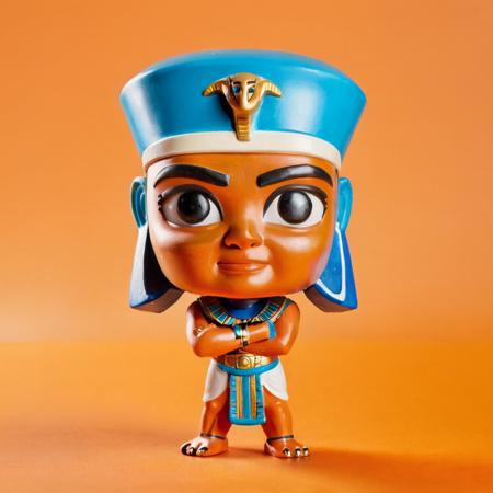 <lora:Rafael_DeSoto:1> (1960s) <lora:Ancient_Egypt_Painting_Style:1> (ancientegypt), Funko pop style fusion figurine, made of plastic, product studio shot, on an electric orange background, diffused lighting, centered