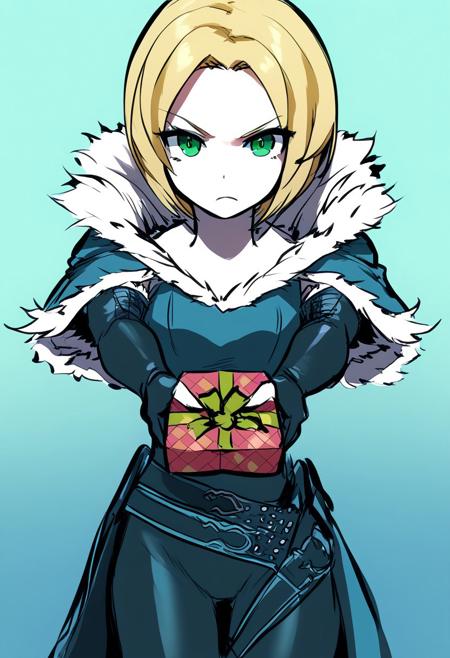 score_9, score_8_up, score_7_up, 1girl, solo, xvibenedikta, blonde, short hair, green eyes, fur-trim, capelet, leather, elbow gloves, belt, thighhighs, incoming gift, outstretched arms, holding, holding gift, gift, gift box, sirachistyle, Drawing, Black Outline, Thick Outline, sketch, simple background, inset border, gradient background. blue background,