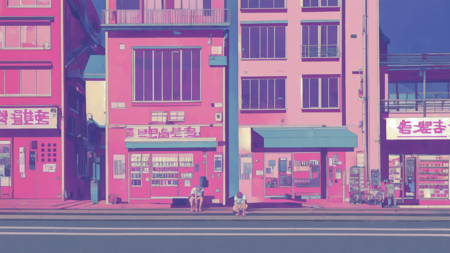 <lora:LoFi_Aesthetic-10:1> LoFi Aesthetic, masterpiece, best quality, 1girl, vending machine, cat, wide shot, solo, squatting, short sleeves, skirt, building, shop, shoes, pink theme, shirt, long hair, shadow, purple theme, convenience store, can