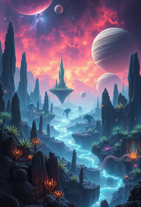A breathtaking alien landscape, on a distant planet, featuring towering, bioluminescent flora and floating islands suspended in a vibrant
, nebula-filled sky. The terrain is a mix of crystalline formations and glowing, otherworldly plants. Rivers of liquid light flow through the valleys, casting an ethereal glow across the scene. Strange, luminescent creatures can be seen in the distance, blending seamlessly with the fantastical environment. The horizon is dotted with multiple moons and a giant, ringed planet, adding to the surreal beauty of this extraterrestrial world