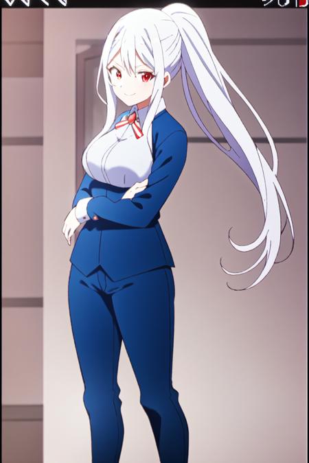 full body, blue-white uniform, blue jeans, medium,  breast, woman, iris, white hair, long hair, red eyes, ponytail hair, big smile, looking at viewer, red bow tie, awesome background, high quality, best quality, masterpiece, ultra detailed, 1girl, <lora:EMS-49841-EMS:0.800000>