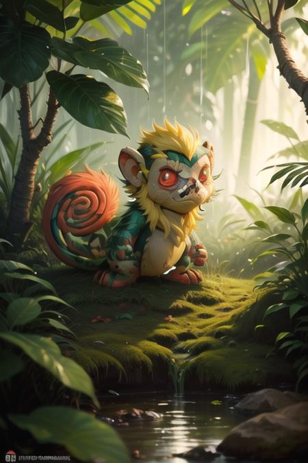 (8k, RAW photo, best quality, masterpiece:1.2), 
yellow hair, red eyes, jungle, tropical trees, green grass, colorful images, rain, <lora:Mynci:0.90>,mynci