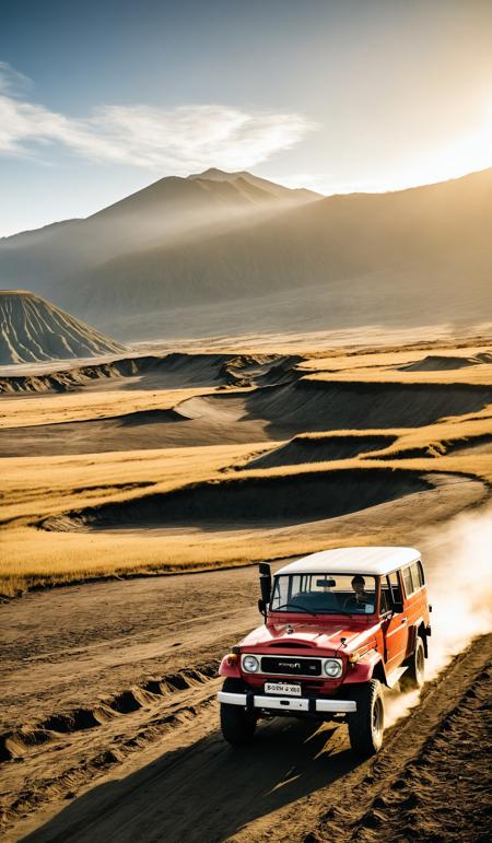 Mount Bromo, Indonesia - Vintage Toyota Land Cruiser 4x4 car in grasslands of Bromo National Park, national geographic photo, breathtaking photograph, dramatic light, award-winning, professional, minimalistic, daylight, warm atmosphere, cinematic look, perfect composition, golden ratio, <lora:SDXLHighDetail:1>, <lora:add-detail-xl:1>