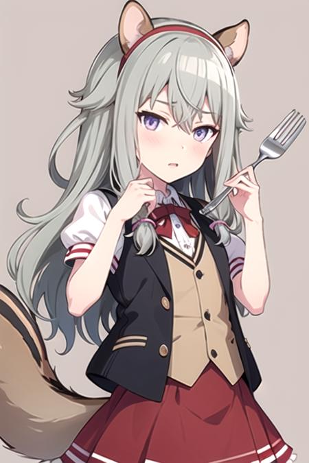 <lora:NotKyo-02:0.7> ,nene, 1girl , animal ears , black hairband , blush , brown background , brown vest , center frills , collared shirt , fake animal ears , fork , frills , grey hair , hair between eyes , hairband , hand up , holding , holding fork , long hair , looking at viewer , puffy short sleeves , puffy sleeves , purple eyes , red skirt , shirt , short sleeves , simple background , skirt , solo , squirrel ears , squirrel girl , squirrel tail , tail , very long hair , vest , white shirt