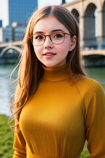 a photo of AM207_Kay_J,
30 years old bun-haired woman in (thick frame glasses) weared (long-sleeve high neck dress:1.2)
walking along the riverbank in the city, 
soft light, golden hour, cheerful mood, shoulder shot, close up, 
4k textures, natural skin texture, skin pores, adobe lightroom, photolab, intricate, highly detailed, sharp focus, professional photo, insane details, intricate details, hyperdetailed, hyperrealistic