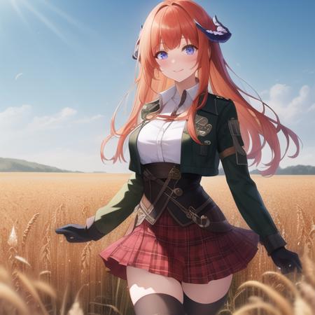 (masterpiece, best quality:1.2),illustration,8k,hd,absurdres,sky,wheat field,1girl,solo,cowboy shot,bangs,orange_hair,smile,purple_eyes,dragon_horns,black thighhighs,very_long_hair,blush,large_breasts,black_gloves,green_jacket,long_sleeves,looking_at_viewer,shirt,red_skirt,blue_eyes,plaid skirt,<lora:Bagpipe(ark)>,