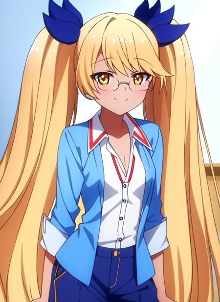 (masterpiece:1.3), (best quality:1.2),1girl,solo,yellow eyes,dark skin,blonde hair,long hair,glasses,twintails,hair ribbon,very long hair,smile,looking at viewer, open collar shirt __pants__