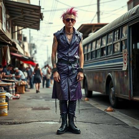 score_9, score_8_up, score_7_up, latin american city, dirty street, street stalls, flea market, old bus station, people waiting for the bus, A tall punk man 50years old white skin pink punk hairstyle using a purple sleeveless vinyl trench coat purple vinyl pants black boots hanging chain spiked wristbands spiked collar purple sunglasses waiting for the bus
