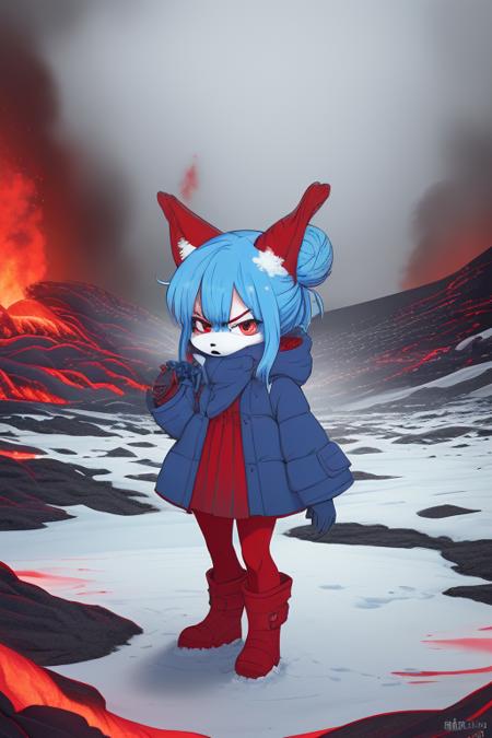 Chibi Anthromorphic Furry bunny Girl, Red and blue Fire-bun bun in red winter dress  with light-blue over coat that is open, blue tights, red boots, standing near a  Glowing lava flow in Iceland, large flakes of ash and snow, angry, long Red-blue hair, realistic, photo, movie, soft edges, multi-shaded colors, anime overtones, line art style