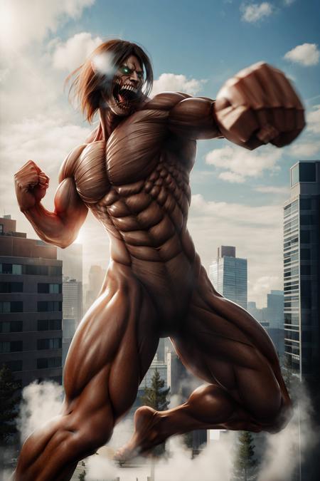 Attack_titan teeth, black hair, green eyes, glowing eyes, pointy ears, glowing, muscular, sharp teeth, brown hair, abs, giant, smoke, punching armor on fist