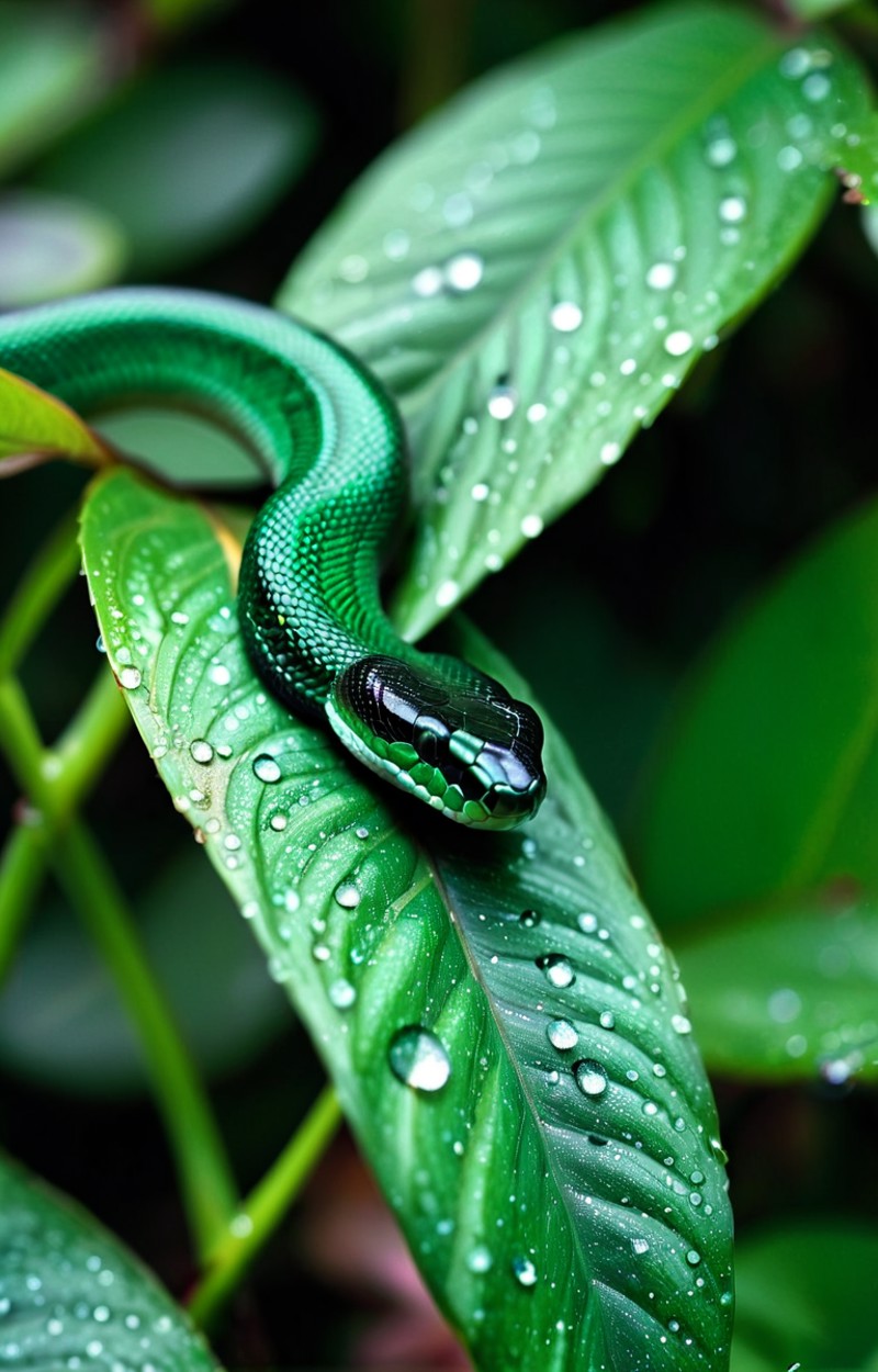25mm, emerald snake (metallic shimmer:1.25), drops of water on the petals, drops of water on the leaves, tilt shift, sharp...