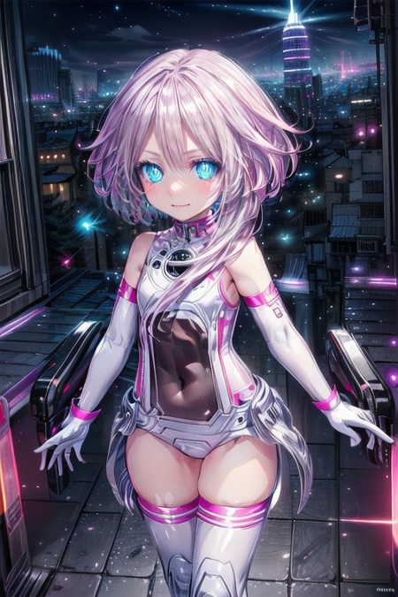 1girl,blue eyes,gloves,bare shoulders,pink hair,elbow gloves,long hair,looking at viewer,blush,symbol-shaped pupils,smile,white gloves,leotard,solo,power symbol,thighhighs,covered navel,hair between eyes,small breasts,white leotard,full body,boots,thigh boots,short hair with long locks,white footwear,white thighhighs,turtleneck,halterneck,thigh gap,magical girl,bodysuit