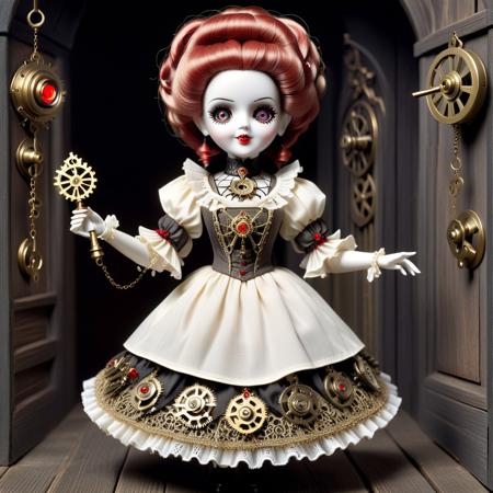 A bizarre clockwork doll with a porcelain face and glowing red eyes that give off a faint, mechanical whirring sound. Their joints are visible, made of brass and gears, and they wear a frilly, old-fashioned dress. One arm is outstretched, holding a key, suggesting a need to be wound up. The background is a dark, dusty attic filled with old, forgotten toys and cobwebs.