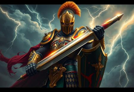 A breathtaking dark fantasy digital illustration, trending on ArtstationHQ, depicting a formidable knight in a dynamic action pose. The knight stands resolute, imbued with vivid emotions, against a tempestuous, stormy sky. His intricately designed armor, a striking blend of dominant gold and black with splashes of vibrant red and deep green accents, gleams with a Grammer Effect Style finish. The helmet, with its articulated visor and an opulent plume, enhances his regal bearing. A powerful, gleaming sword is held firmly in his right hand, reflecting the stormy light, while a ready shield protects his left. His stance is one of profound readiness, poised for a joyous impact and a powerful message. The background is a chaotic, dramatic stormy sky, abundant with swirling clouds and explosive lightning bolts, heralding an intense storm. This high-res, 4K image showcases exceptional quality with more detail, sharp lines, and masterful brush strokes, like a beautiful matte painting. The stunning, harmonious, multi-colored palette and contemporary aesthetics are meticulously handcrafted with precision. The impeccable composition, with a creative angle and attractive background, ensures intentional focus and a well-timed moment, embracing the golden ratio. Rendered with Houdini Style, this piece features super detailed face, eyes, and clothes, and elements of Splash Ink Illustration for dramatic effect. No discernible text.