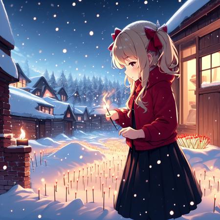 lit match head down blond twintail red hooded jacket black long skirt basket night town snowing ritual circle