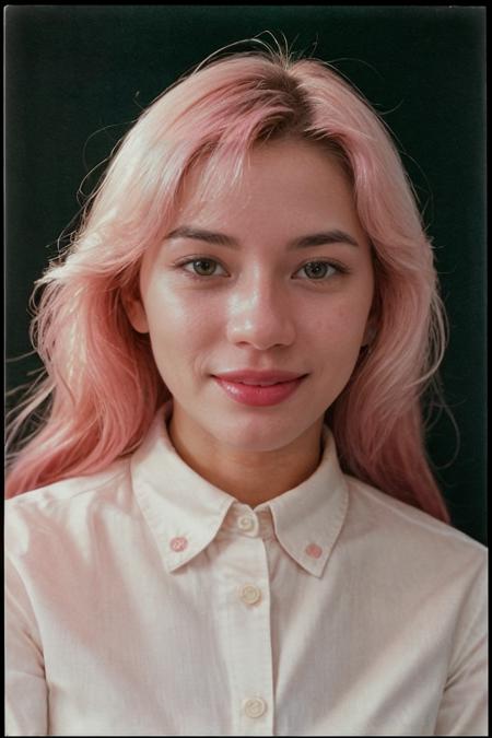 analog film photo solo, gstyle, realistic, ((woman)), (((Black and pink ombre hair))), (((happy512))), (A-line skirt, (white button-down shirt:1.5), and pumps.), ((campfire, crackling flames, cozy warmth, nighttime ambiance)), ((dynamic pose)), high detailed, 8k, clear facial features, <lora:PAseer-SD15-LCM Quick:1> <lora:ReaLora:.2> skin <lora:GStyle_-_Photography_Style:.2> <lora:[ID]_-_Berliana_Lovell:1> berlianalovell . faded film, desaturated, 35mm photo, grainy, vignette, vintage, Kodachrome, Lomography, stained, highly detailed, found footage