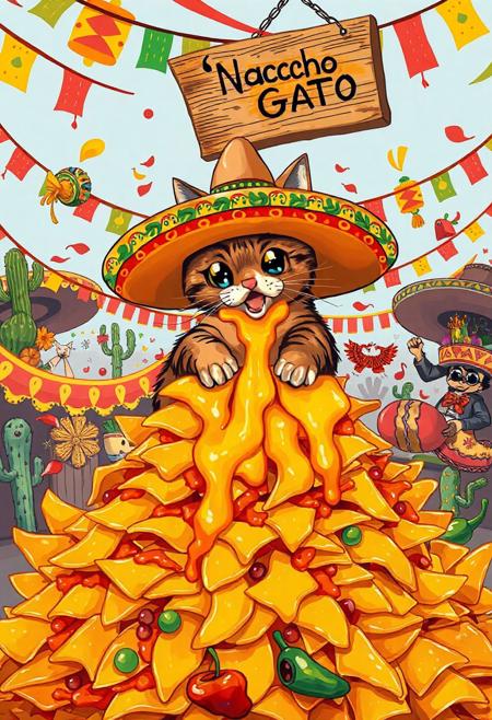 A mischievous tabby cat wearing an oversized, brightly colored sombrero adorned with tiny chili pepper ornaments sits triumphantly atop a towering mountain of cheesy nachos. The chips buckle under neon-orange melted cheese that oozes like lava. The cat, with sparkling anime-style eyes the size of tortillas, swipes a nacho with dramatic flair, flinging cheese onto its whiskers in a gooey mess that stretches cartoonish as it frantically licks it off. Behind the chaos, a vibrant Mexican fiesta bursts to life papel picado streamers flutter in reds, greens, and yellows, while googly-eyed piñatas shaped like cacti and mariachi figures dance and cheer. A hand-painted wooden sign reading “¡Nacho Gato!” swings crookedly above, caught in the festive whirlwind. Scattered below are salsa spills, a runaway jalapeño, and a toppled maraca. Rendered in a vivid Mexican folk-art style with bold outlines and Talavera-inspired patterns, the scene pops with fiery reds, sunny yellows, and deep azules perfectly capturing the wildly whimsical spirit of a feline fiesta gone hilariously off the rails.