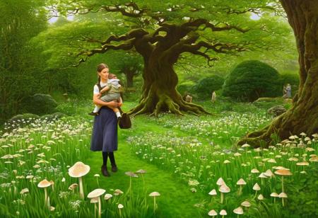 Portrait of the mentor guiding the Dryad Child towards wisdom, lush floral elements, serene garden backdrop, mystical trees, enchanting mushrooms,
[(inspired by Andy Goldsworthy, Harold Harvey:1.30) ::0.40], (Inspired by Andy Goldsworthy, Harold Harvey), [natural art: realistic landscapes: 0.70], [impressionist style: detailed textures: 0.60], artwork influenced by the styles of Andy Goldsworthy and Harold Harvey