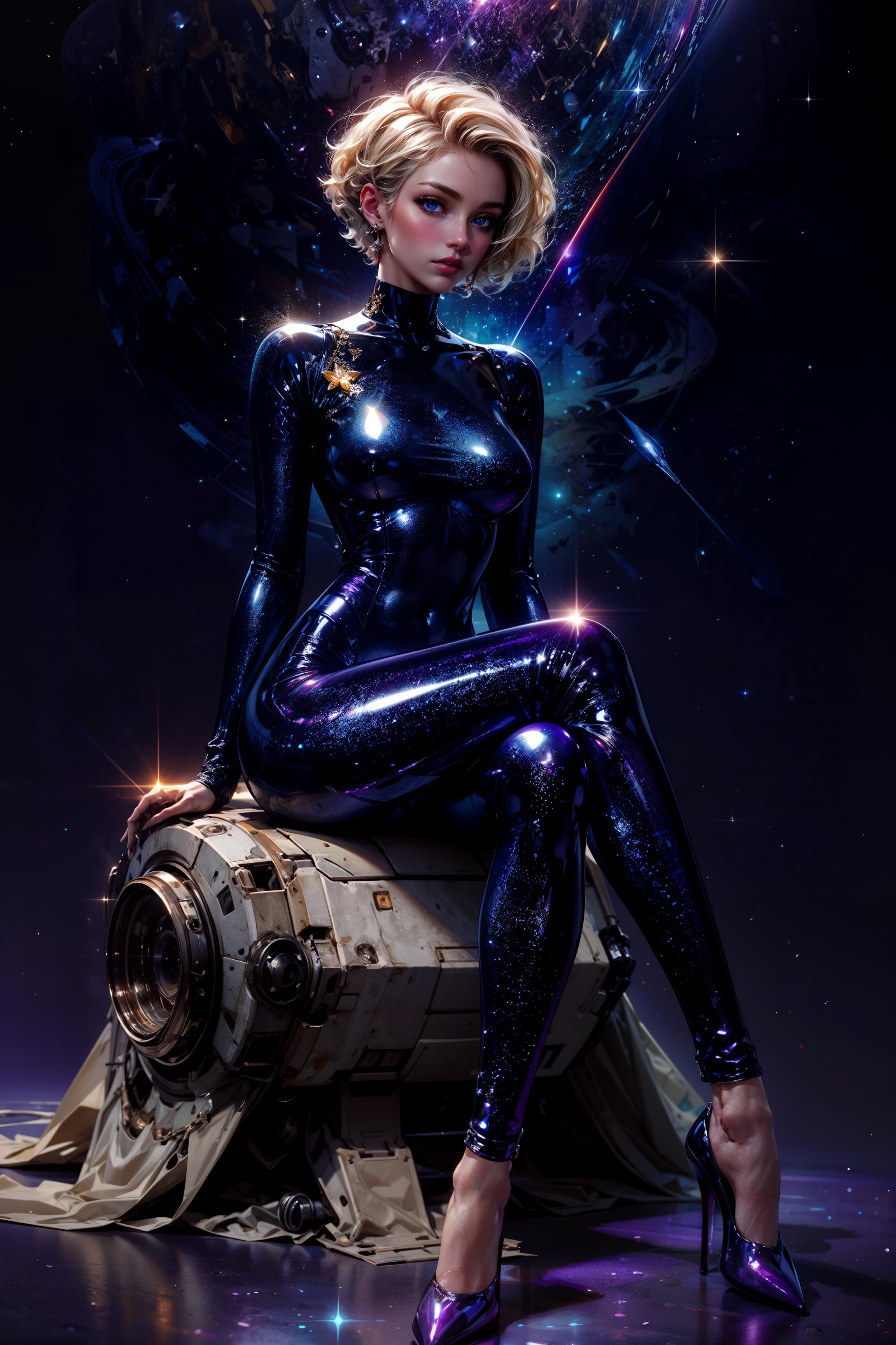 A woman in a purple body suit is sitting on a white object in a space setting.