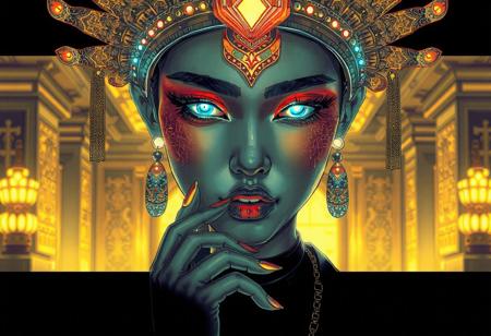 A highly detailed, intricate line-art illustration in the style of syd mead. Detailed hyper realism in the visible body parts (face, hands, legs).
3D rendering, face close-up, CG high model, Elegant [goth ] with bold colored glowing makeup and a holographic asian headdress, in a [chrome and gold] cyberpunk aesthetic, dark fantasy, anime-style, illuminated by soft lighting
, acrylic painting in style Adam Hughes.
The composition features mesmerizing line work, fine architectural detailing in the background, and a play of light and shadow through intricate hatching. The overall aesthetic is serene, introspective, and dreamlike, blending realism with a highly structured, almost meditative pattern-based design.