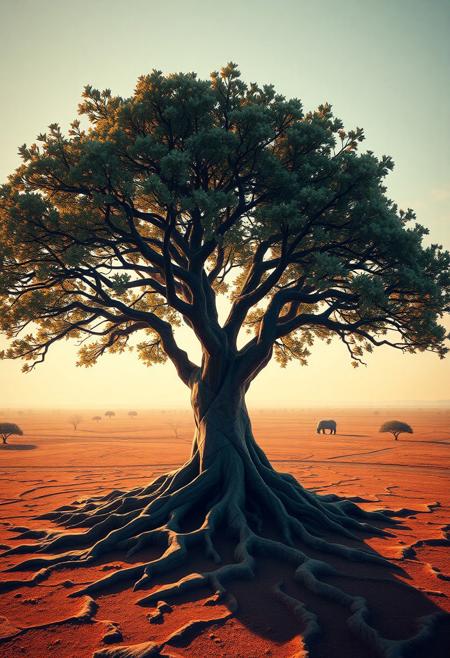 (emphasis on sharp geometric tree forms:1.6), (smooth surfaces:-1.4), minimal organic details, intersecting planes of land and tree,oak tree, sharp geometric branches and leaves, intricate fractal structures in foliage, (disjointed anatomy:-1.3), unsettling, (cartoonish:-1.1), multichromatic hues reflecting in sunlight, angular trunk and roots, dystopian vibe, recursive shapes in leaves and branches, (overly ornate:-1.5), photorealism, infinite geometry in the landscape, fractured ground geometry, (blurry:-1.2), stark natural lighting, primal aesthetic, (noisy:-1.1), sculptural and angular forms, exaggerated scale of the tree, (polished:-1.3), saturated earthy tones, (ugly:-1.3), (bad composition:-1.3), fragmented terrain, savannah, flowing yet sharp surfaces, (low quality:-1.2), warm glowing light from the horizon, high resolution, reds, vibrant oil pastel colors, and yellows, interlocking polygonal bark patterns, deep oranges, rigid tree structure