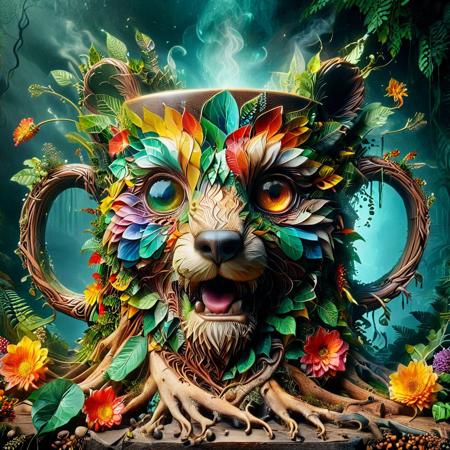 vivid primary colors, dynamic lighting, abstract composition, soft gradients, cinematic contrast, expressive color, textured background, (angled view) of a bear wizard coffee mug made from foliage-and-roots, foliage foreground frame, vivid flowers, precision, fractal geometry, harmonic interference, altered realities, fantastical scenes, striking visuals,  detailed background, light reflection, masterpiece, best quality, absurdres, strangecomposition, mobe-ancofmu style