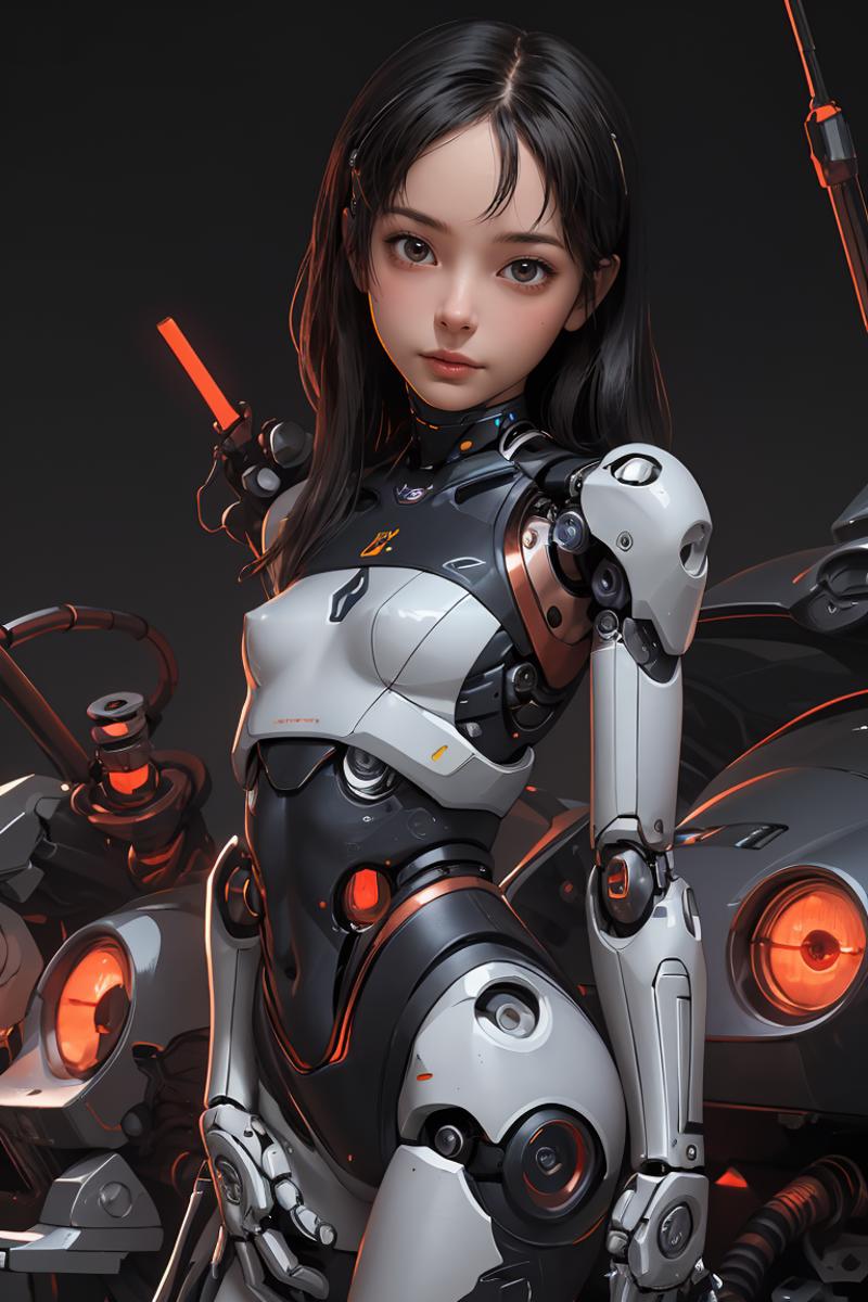 A 3D Rendering of a Female Robot with a Pout and Orange Lights in the Background