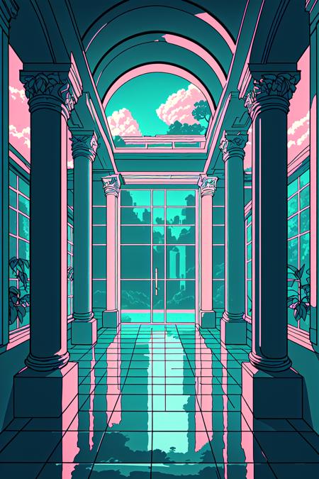 Wave Art Style,  building,  cloud,  no humans,  outdoors,  pillar,  plant,  reflection,  scenery,  sky,  tile floor,  tiles,  tree,  water,  window, <lora:EMS-49798-EMS:0.800000>