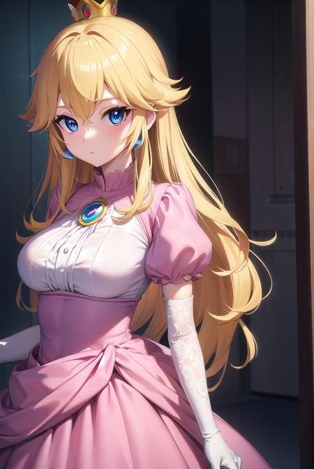 princess peach, blonde hair, blue eyes, long hair, crown, dress, gem, gloves, pink dress, puffy short sleeves, puffy sleeves, short sleeves, white gloves,