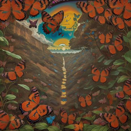 <lora:psychedelic-landscape:0.85> psychedelic landscape, (butterflies:1.5)